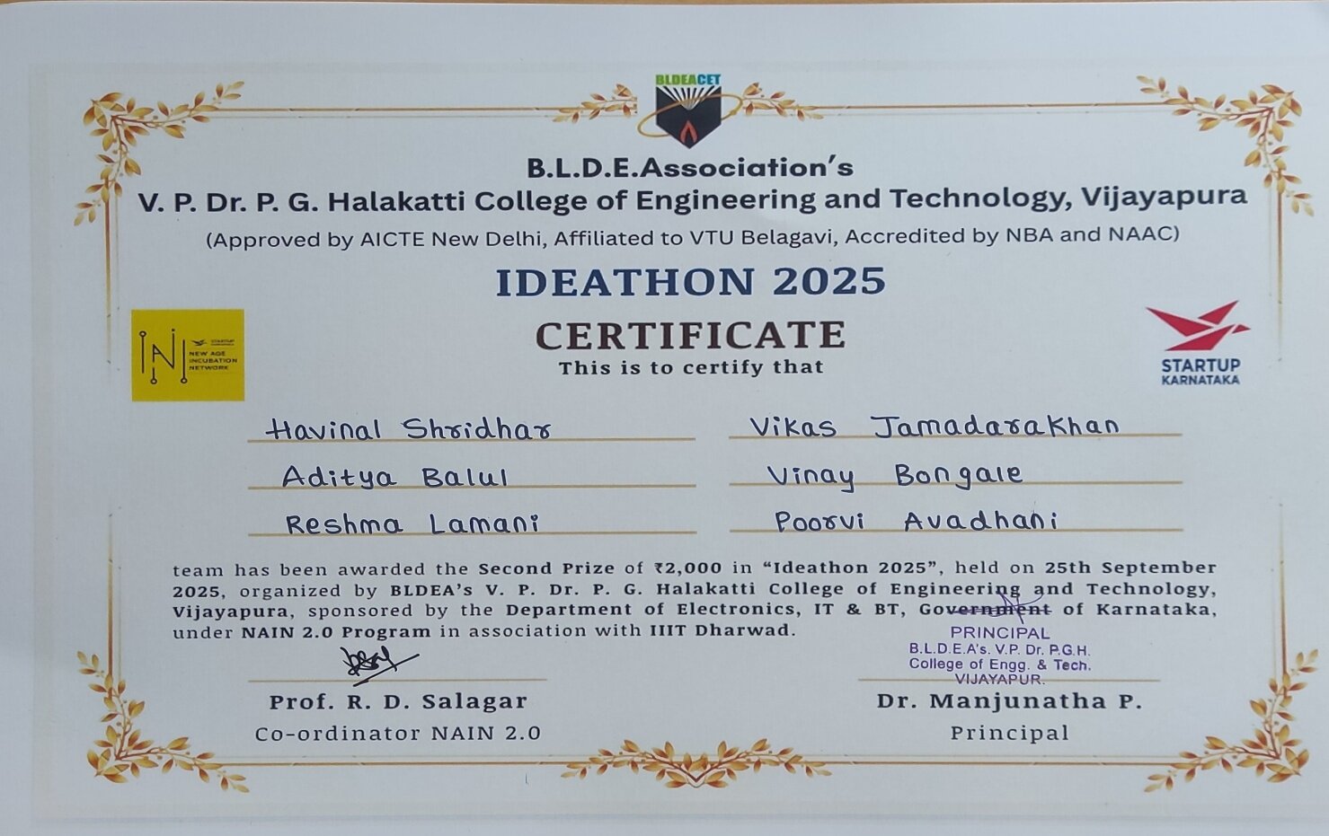 Bldeacet Ise Achievements Ideathon 2025 Second Prize Certificate